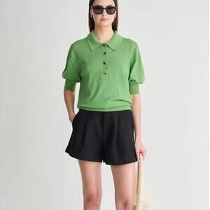 Green Button-Up Short Sleeve Knit Polo Sweater